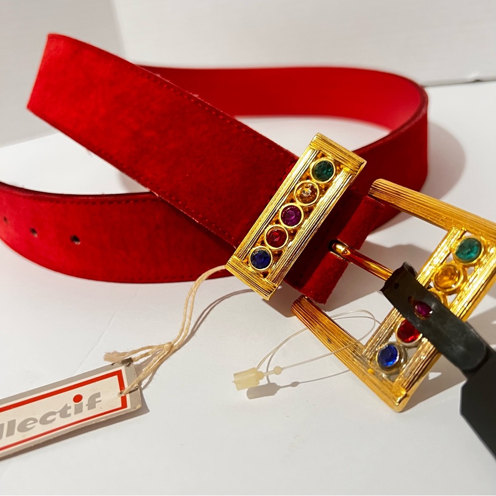 1980s maximalist jewel-tone red suede statement belt